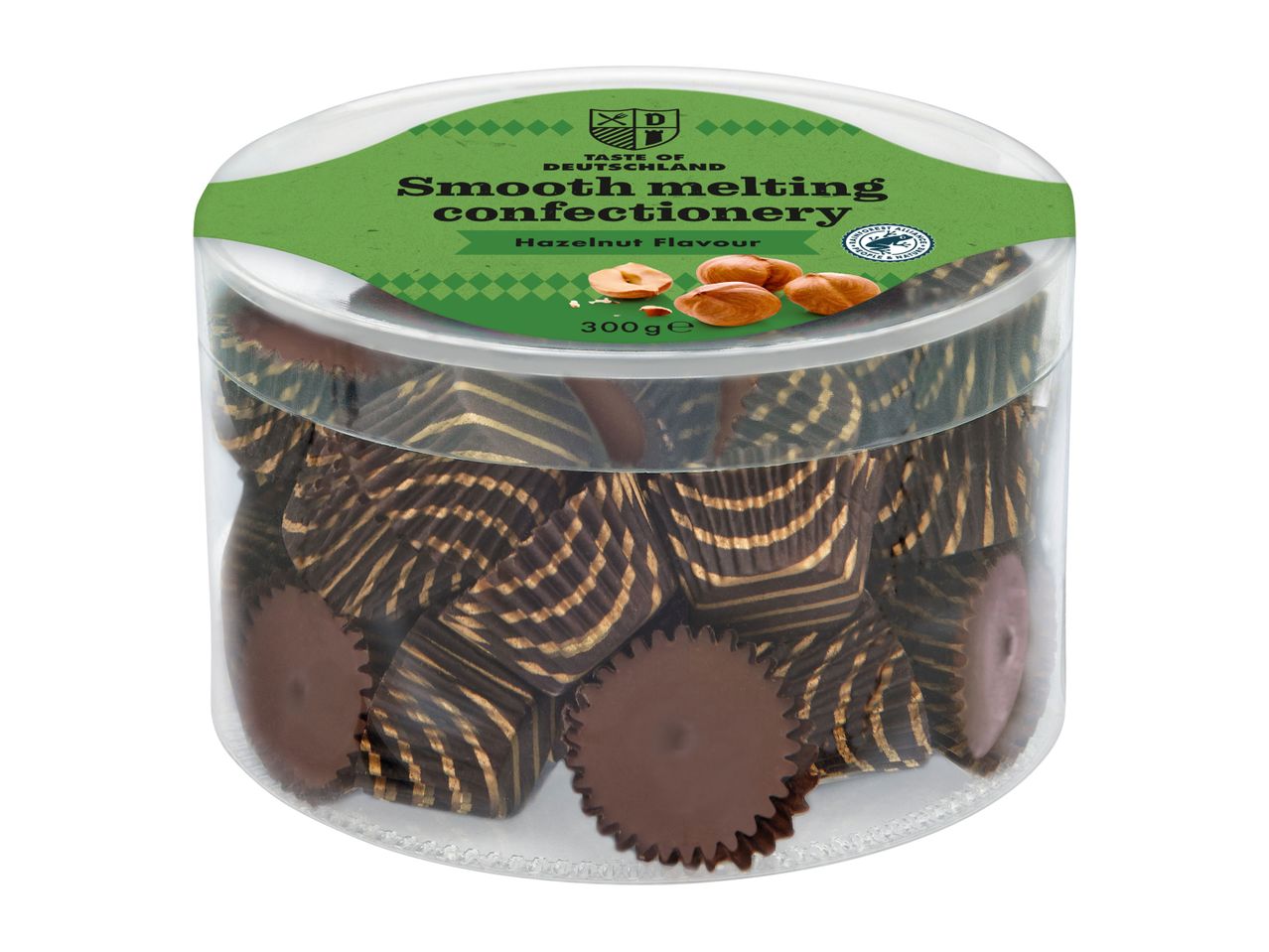A clear plastic container of smooth melting hazelnut confectionery.
