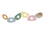 Colorful wooden caterpillar toy with geometric shapes and a smiling face.