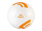 White and orange soccer ball with a logo in the center.