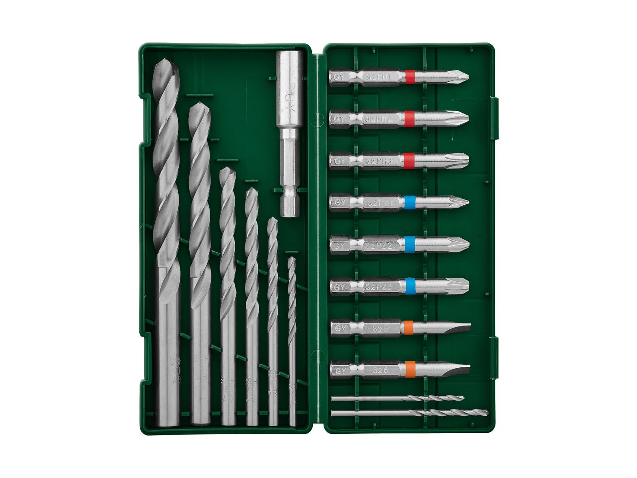A drill and screwdriver bit set in a green case, featuring various sizes of drill bits and screwdriver bits.