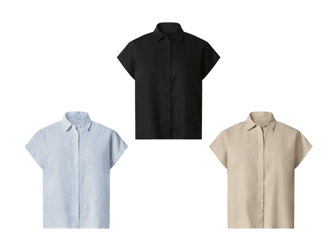 Drei kurzärmelige Damenhemden in Schwarz, gestreiftem Hellblau und Beige.