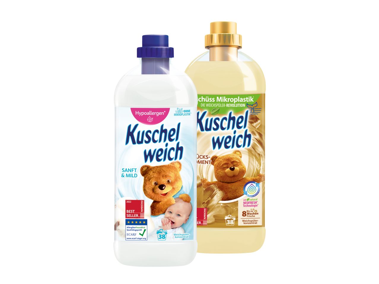 Zwei Kuschelweich Weichspülerflaschen, eine in weiß und eine in beige, mit niedlichen Bärenmotiven.