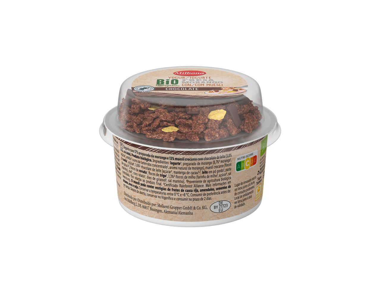 Milbona Bio Iogurte com morango, muesli e chocolate.