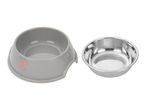 Grey plastic pet bowl with pink hearts next to a removable stainless steel insert