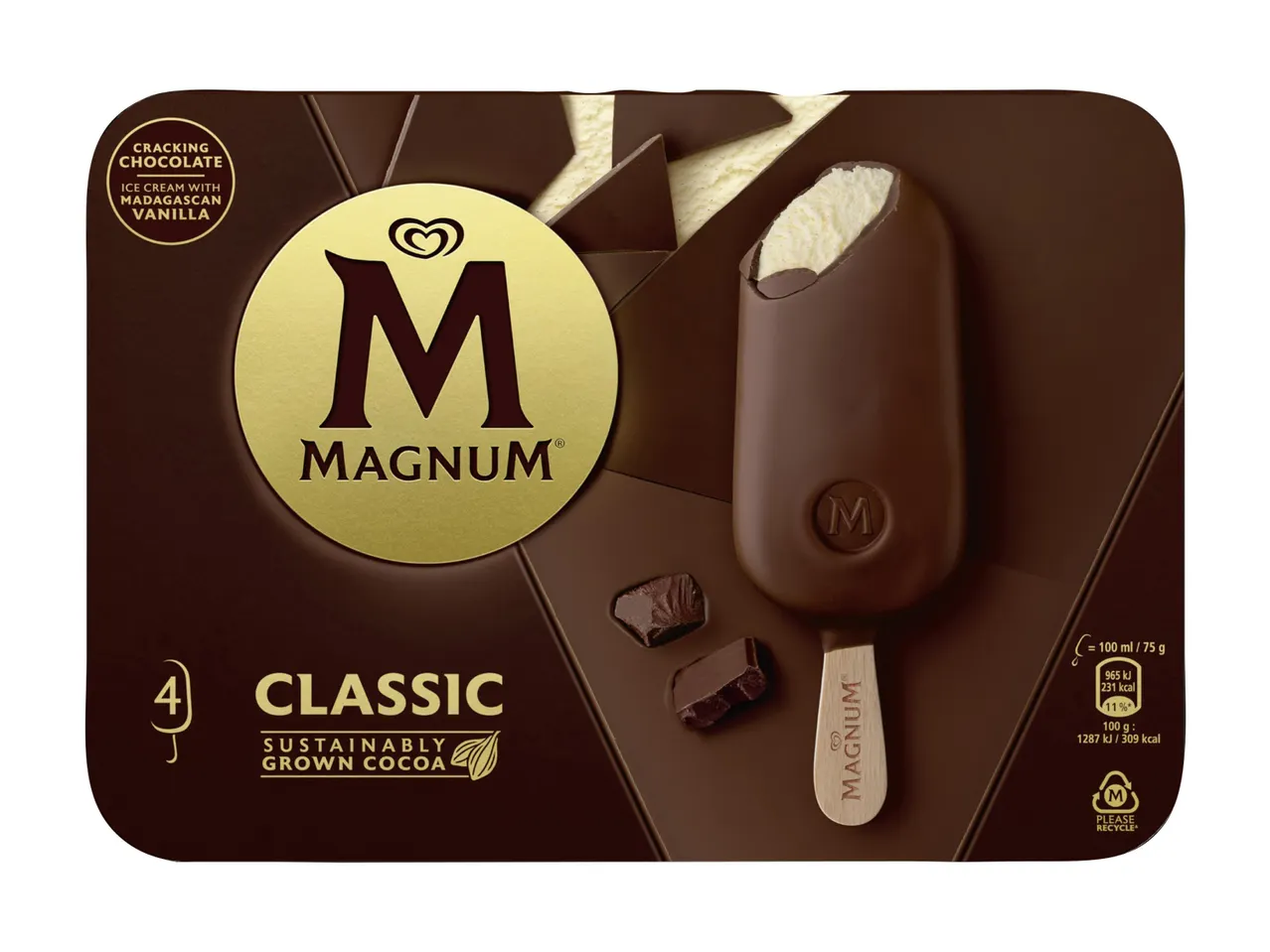 Confezione da quattro gelati Magnum Classic al cioccolato, con gelato alla vaniglia del Madagascar.