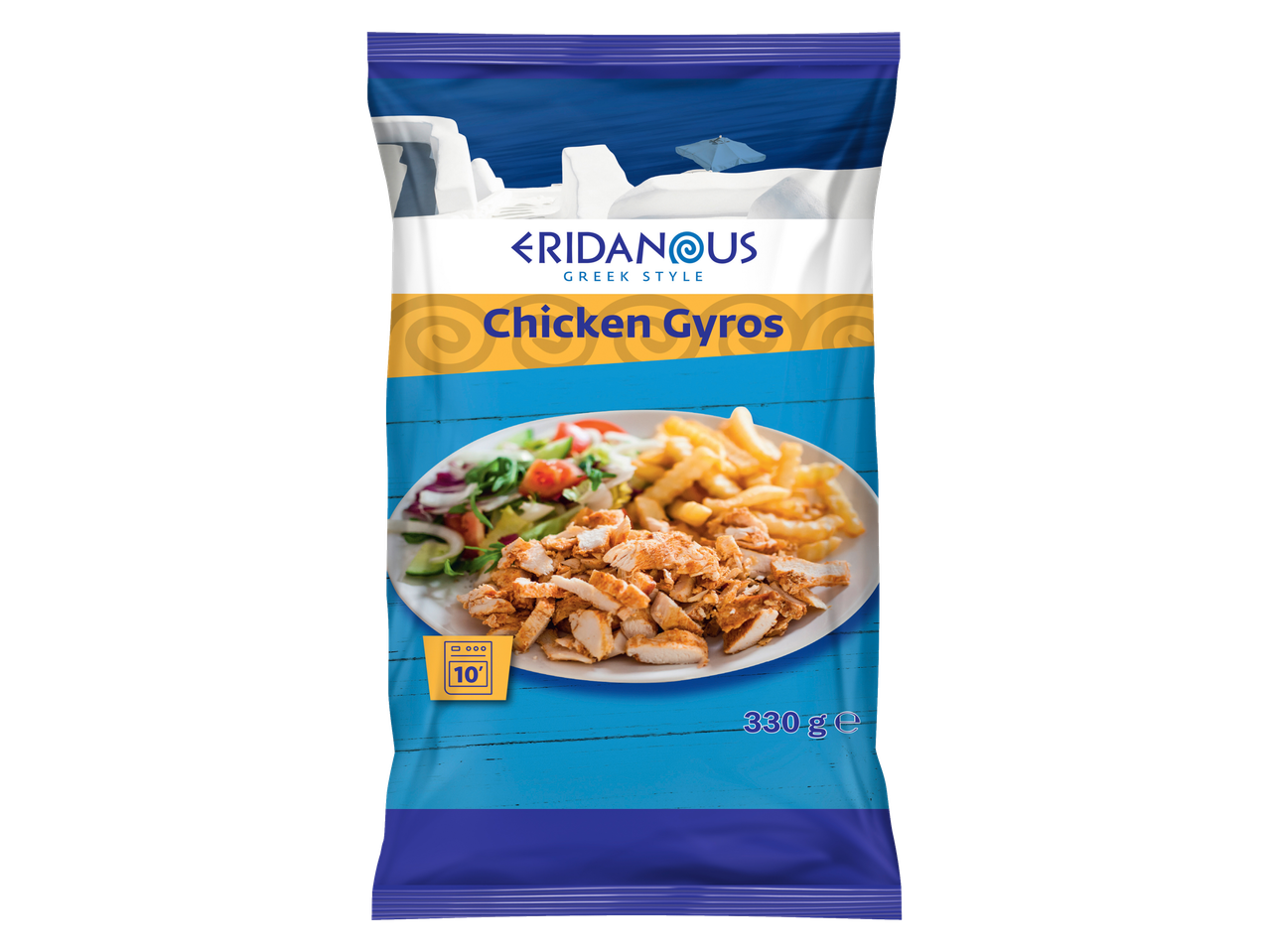 Eridanous Griekse stijl kip gyros met friet en salade.