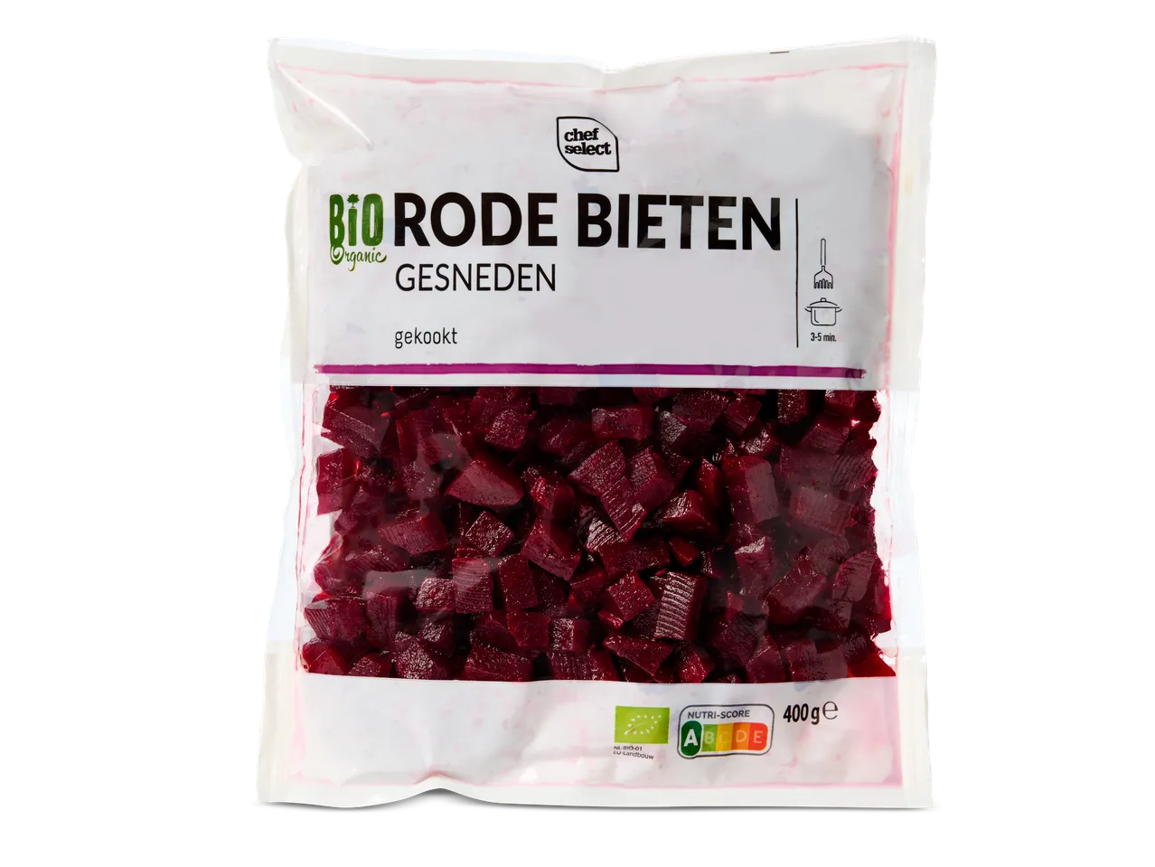 Biologische gesneden rode bieten in een transparante verpakking met kookinstructies en voedingswaarde-etiket.
