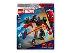 A toy box featuring a black and red mech suit, a small blue figure, and Spider-Man.