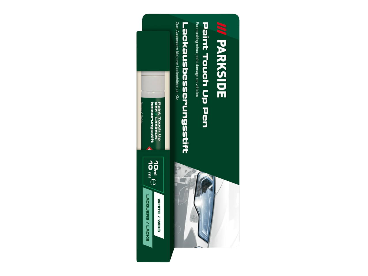 White paint touch-up pen for vehicles, 10ml, with instructions in English and German.