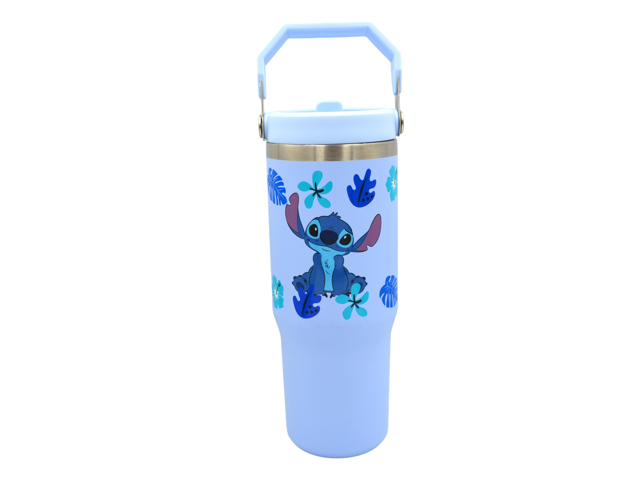 Light blue tumbler with Stitch character and tropical leaves