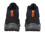 Rear view of dark blue and black hiking boots with orange pull tabs