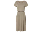 Robe longue beige à manches courtes et col en V, avec taille élastiquée.