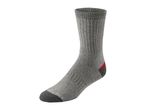 Grey crew sock with red and dark grey accents on the heel and toe.