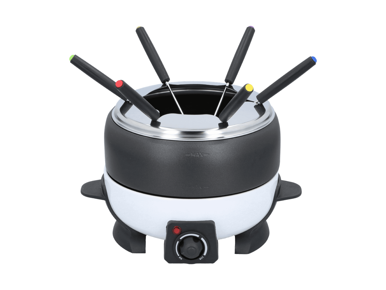 Elektrisches Fondue-Set mit sechs farbcodierten Gabeln und Temperaturregler.