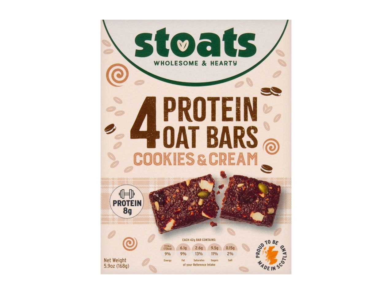 Cookies & Cream protein oat bars with 8g protein per serving, showing nutritional information.