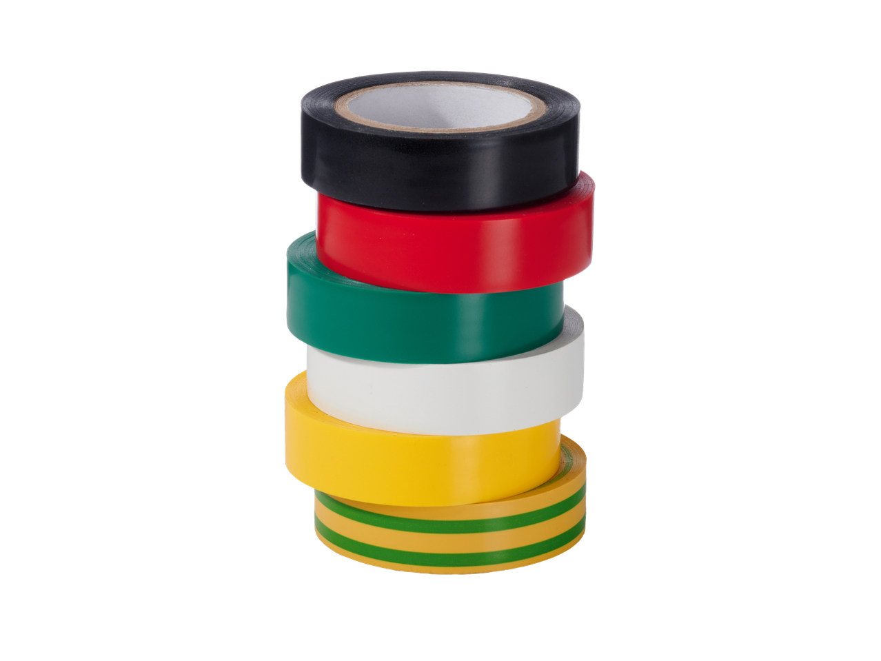 Spalvotų izoliacinių juostų krūva: juoda, raudona, žalia, balta, geltona ir geltonai žalia.