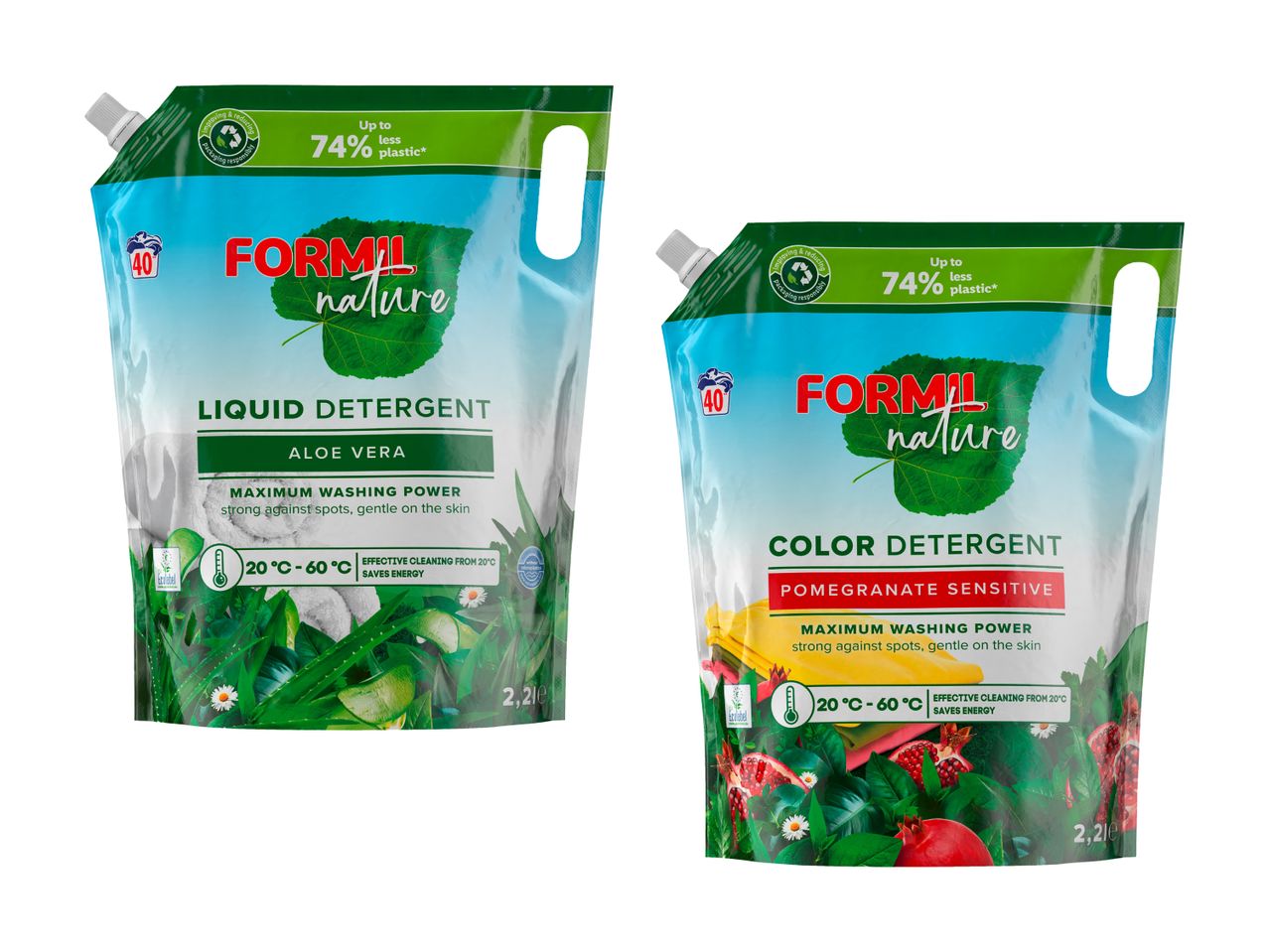 Zwei Formil Nature Waschmittel: Flüssigwaschmittel mit Aloe Vera und Colorwaschmittel mit Granatapfel.