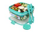 A teal salad container filled with fresh salad ingredients, with a fork and knife set.