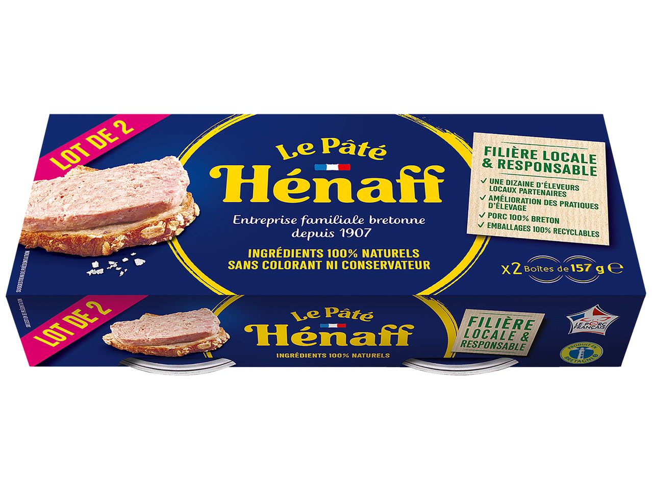 Deux boîtes de pâté Henaff, ingrédients naturels.