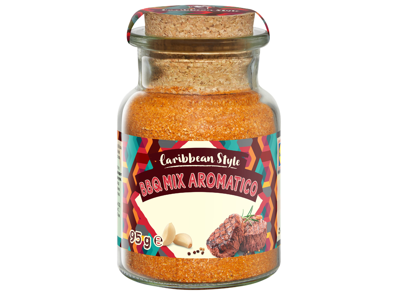 Стъклен буркан с подправка за барбекю в карибски стил, с надпис „BBQ MIX AROMATICO“ и 95g.