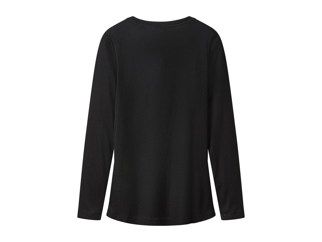 Back view of a plain black long-sleeved shirt with a rounded hem