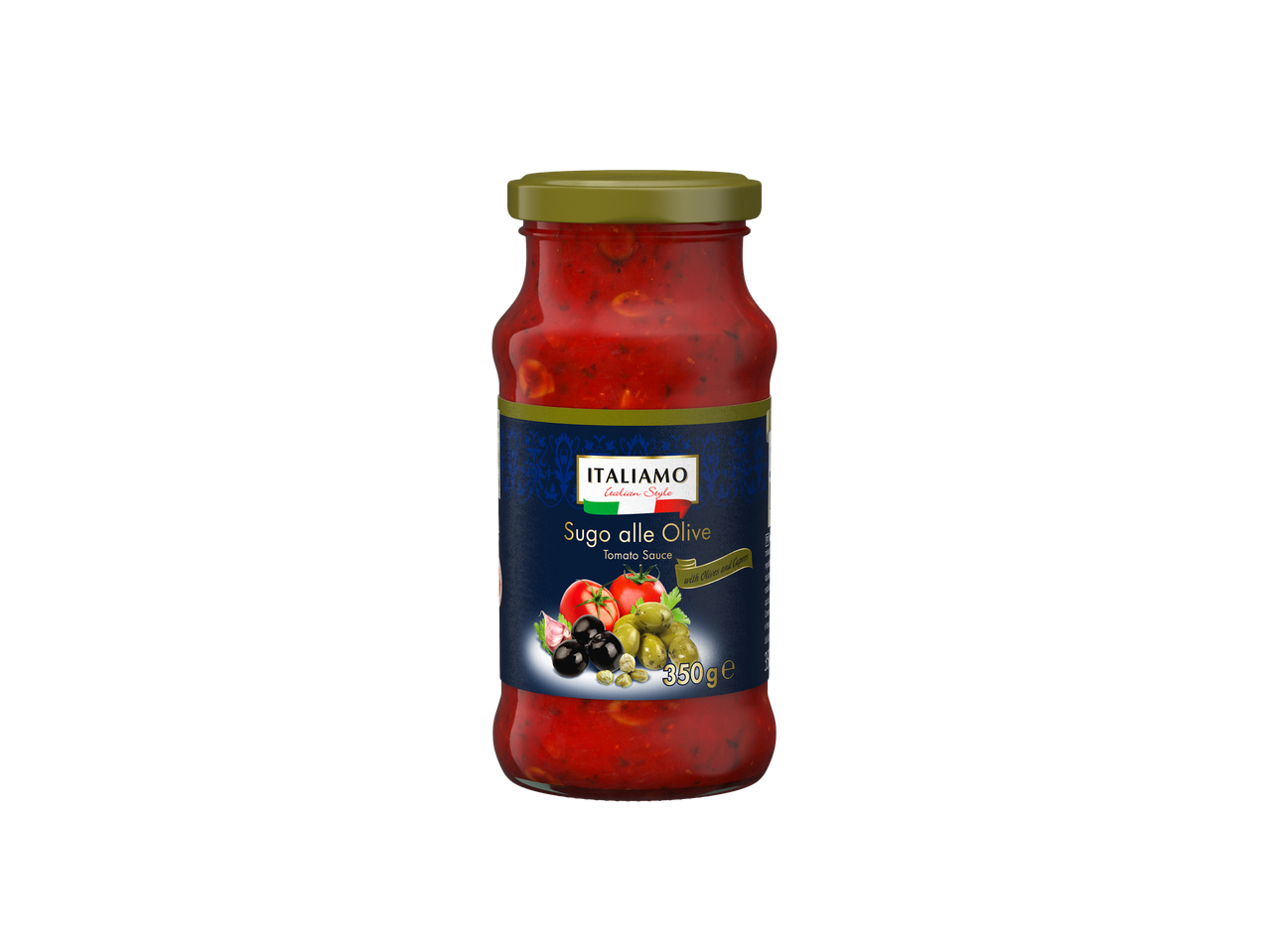 ITALIAMO Sugo alle Olive molho de tomate com azeitonas e alcaparras num frasco.