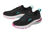A pair of black Karhu running shoes with pink and teal accents.