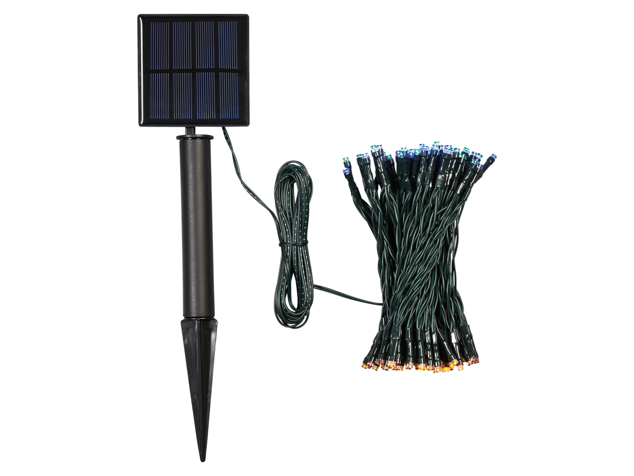 Luzes solares LIVARNO HOME com painel solar e um cordão de luzes LED multicoloridas.