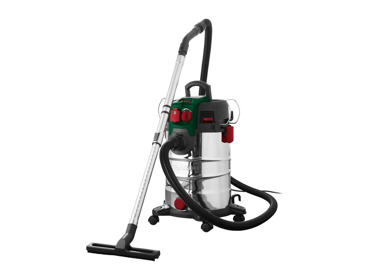 Wet and dry vacuum cleaner with a stainless steel tank, hose, and floor nozzle.