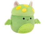 Peluche verte en forme de champignon avec des taches jaunes et des ailes.