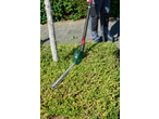 Parkside 20V Cordless Extendable Hedge Trimmer cutting a green bush.