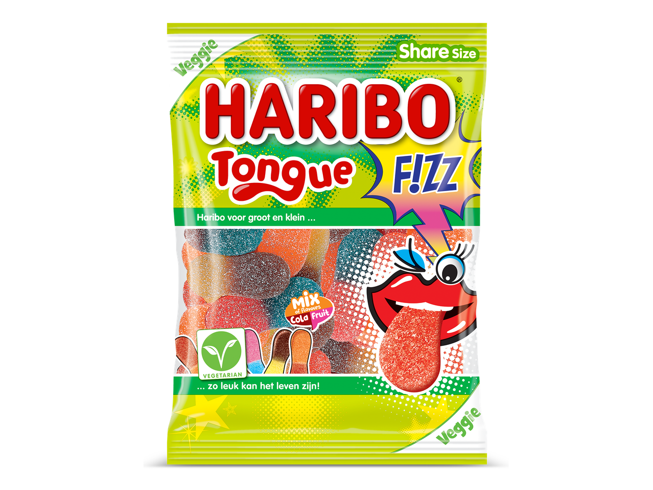 Zak snoepjes met de tekst 'Tongue Fizz', 'Share Size' en 'Vegetarian'.