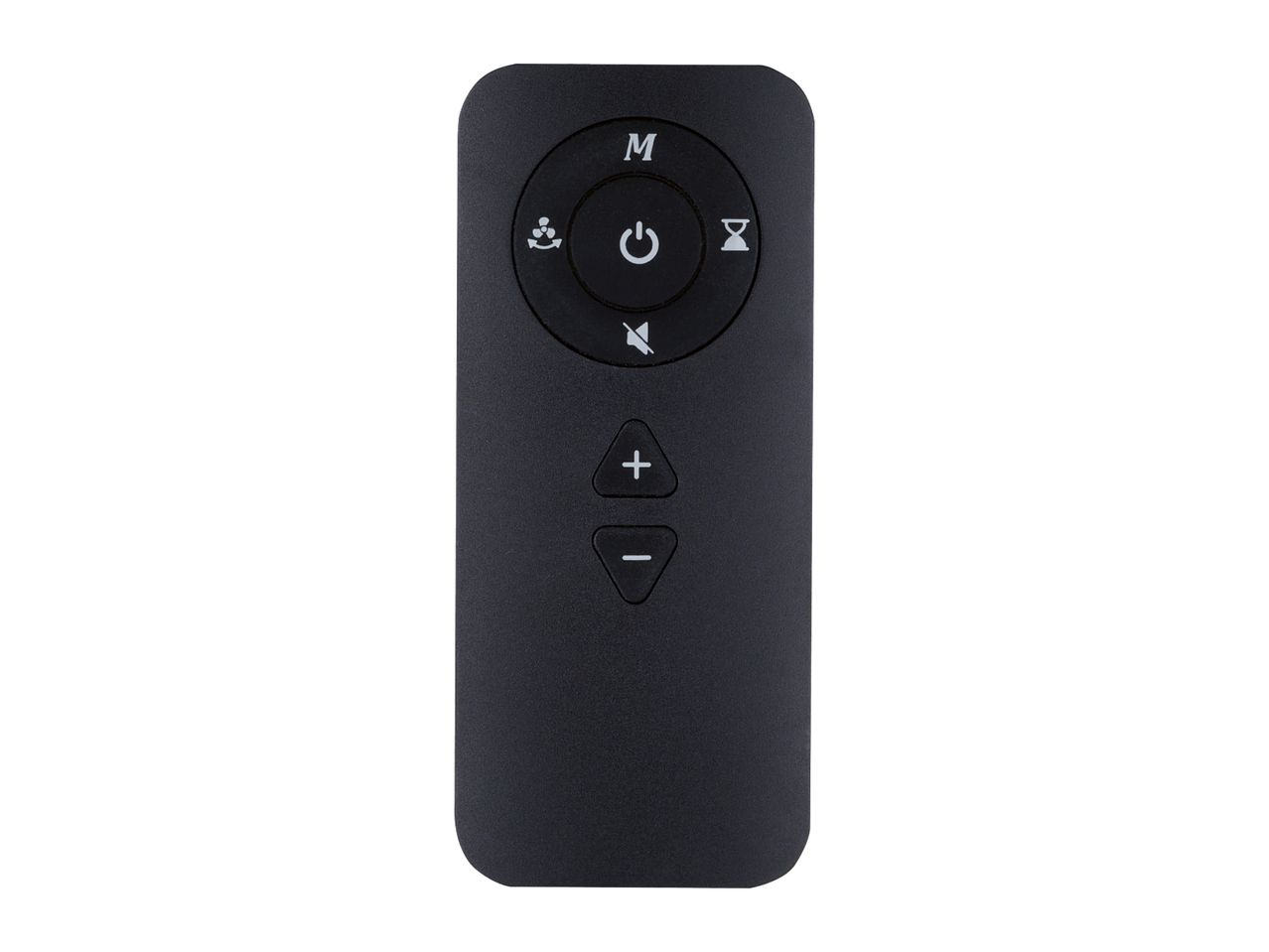 Black remote control with power, mode, mute, timer, and volume buttons