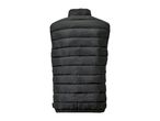 Black puffer vest with horizontal quilting, seen from the back.
