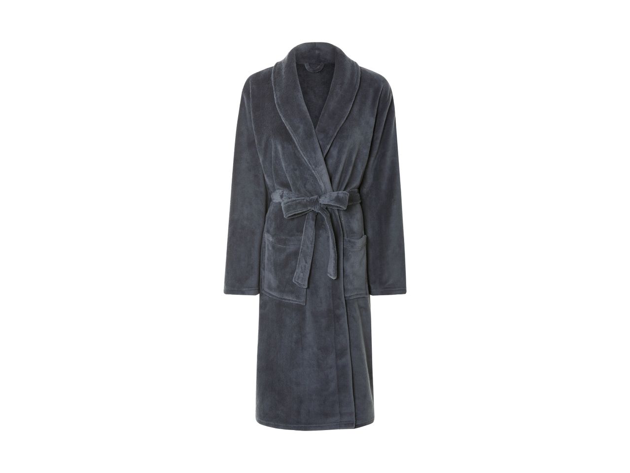 A charcoal gray plush bathrobe with a self-tie belt.