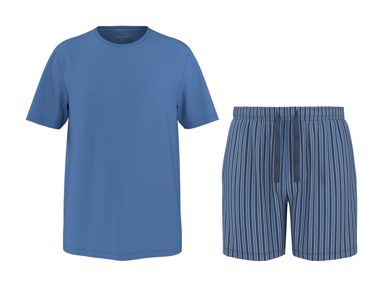 Blå T-shirt og stribede pyjamas-shorts til mænd.