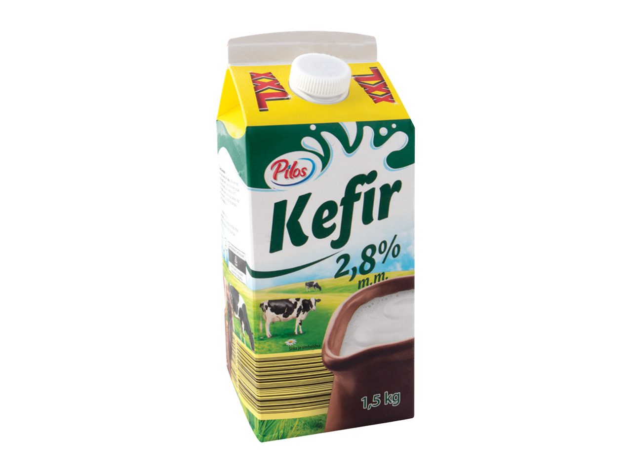 Kefir u kartonskoj ambalaži sa natpisom „Kefir 2,8% m.m.“ i „1,5 kg“, sa kravama na pašnjaku.