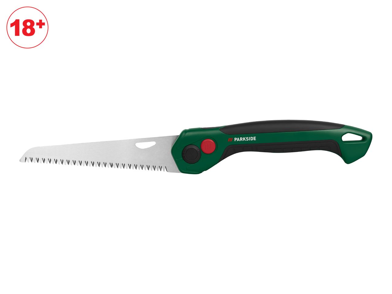 A green and black Parkside folding saw with a silver blade, and an 18+ age restriction icon.