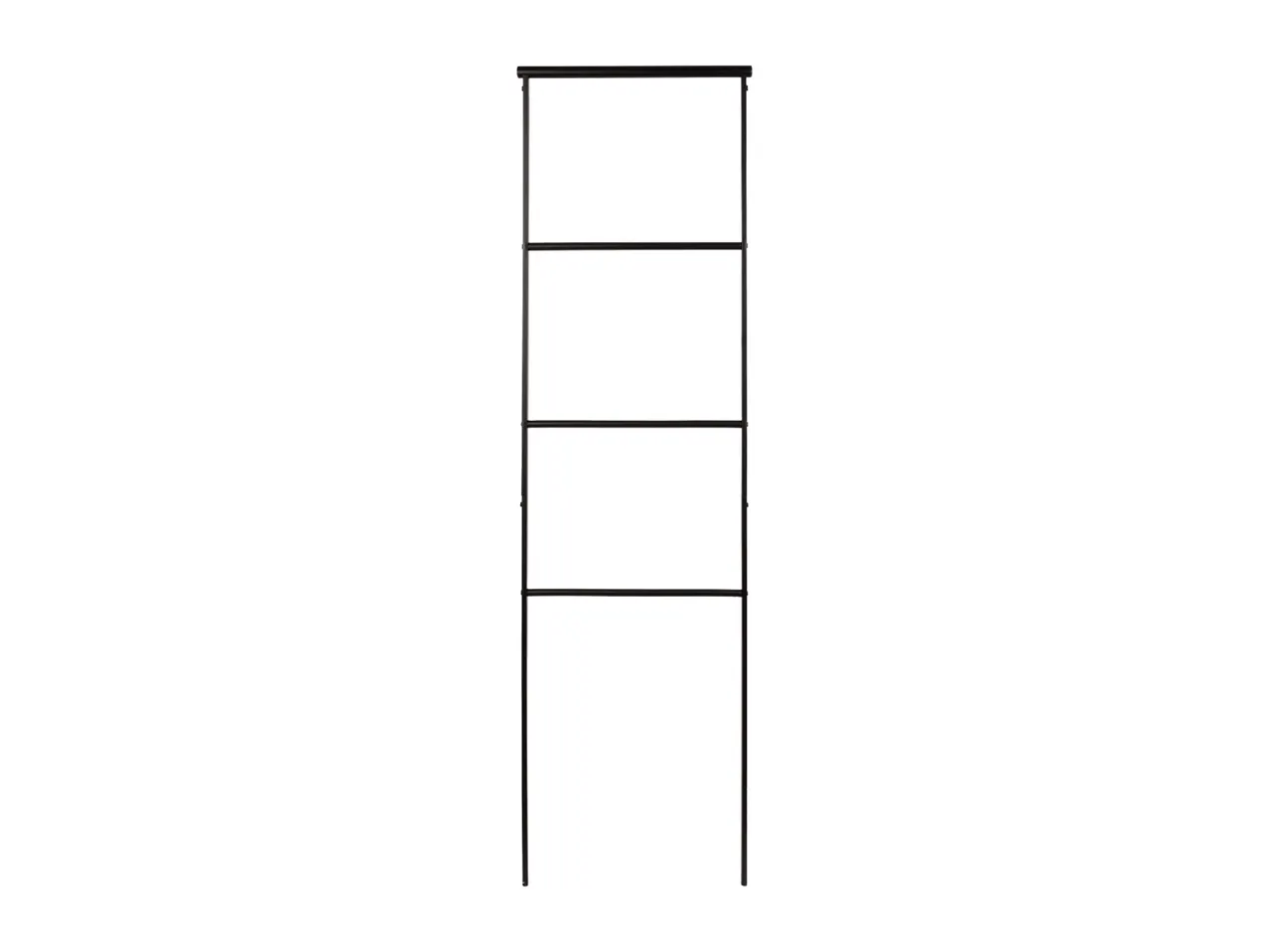A black metal plant support or trellis with four horizontal bars.