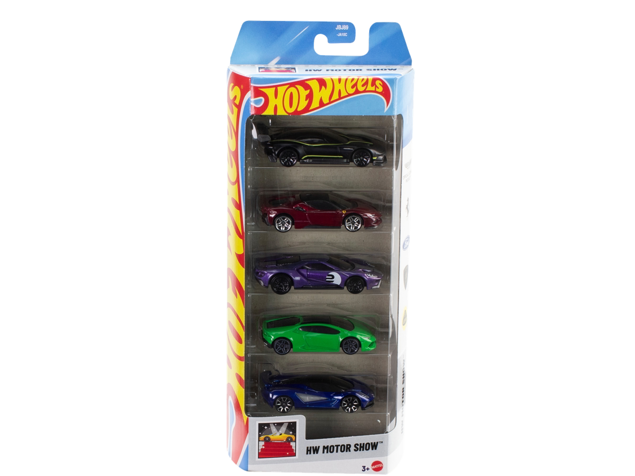 Hot Wheels HW Motor Show 5 vnt. rinkinys su įvairiais sportiniais automobiliais skirtingų spalvų.