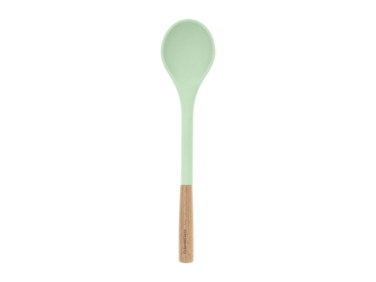 Light green silicone spoon with a wooden handle