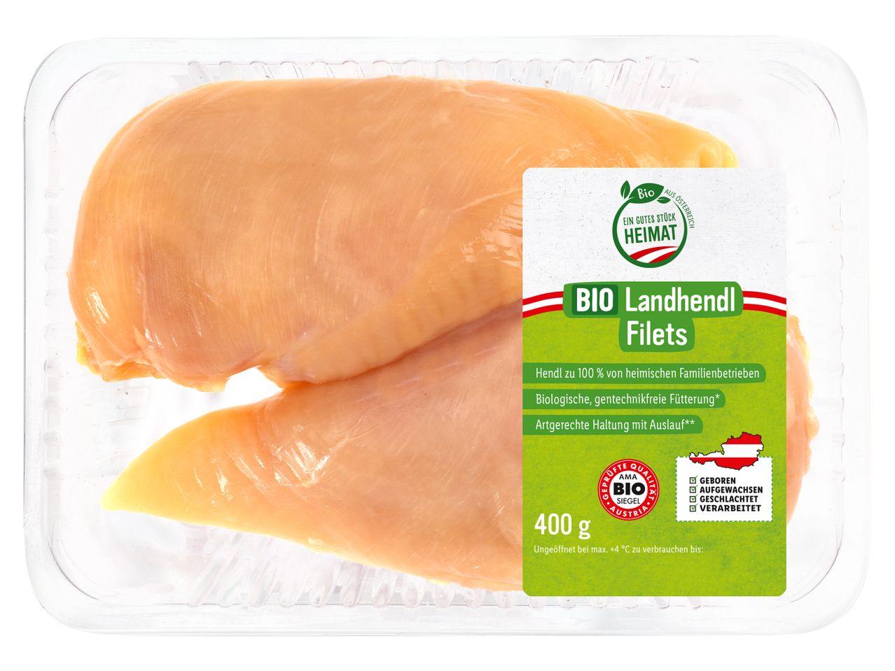 Verpackung mit Bio-Hähnchenfilets der Marke „Ein gutes Stück Heimat“.