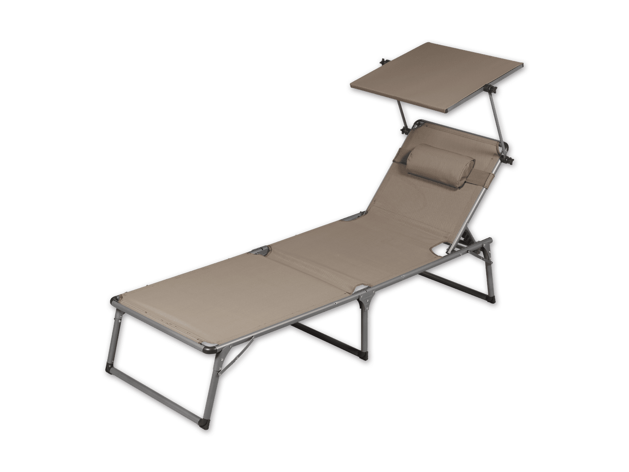 Eine beige Sonnenliege mit integriertem Sonnenschutz.