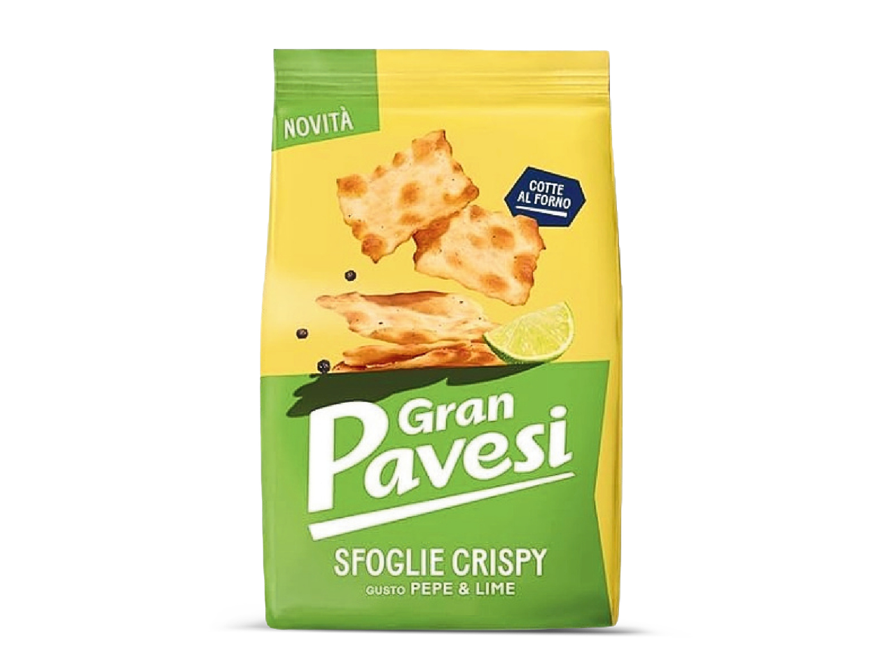 Gele en groene zak met knapperige bladerdeegsnacks met peper en limoen, gebakken in de oven.