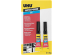 Cola instantânea UHU Super Power Gel, embalagem 2x2g, extremamente forte e reposicionável.