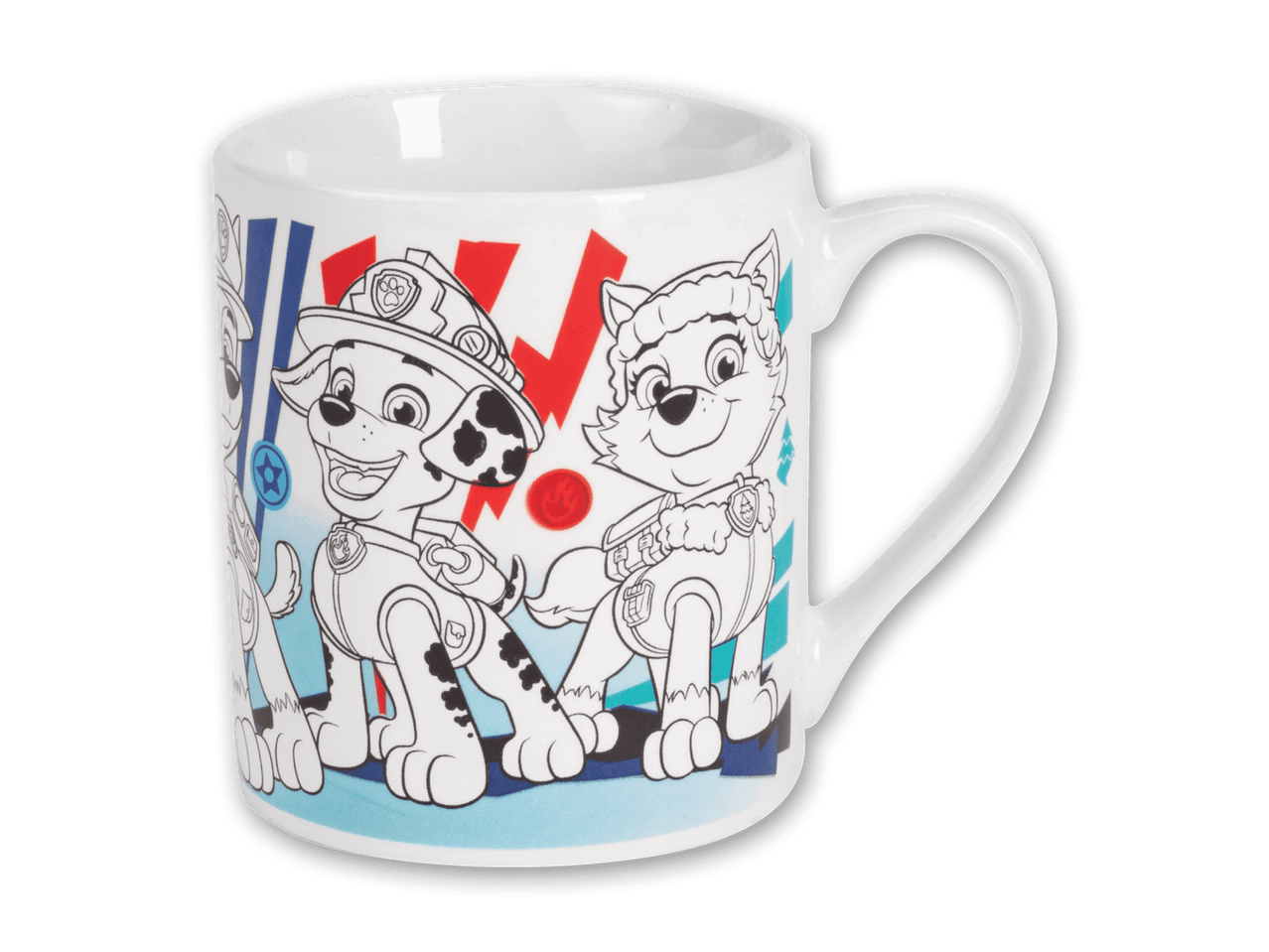 Weiße Tasse mit Paw Patrol-Figuren, Marshall und Everest, als Ausmalbild.
