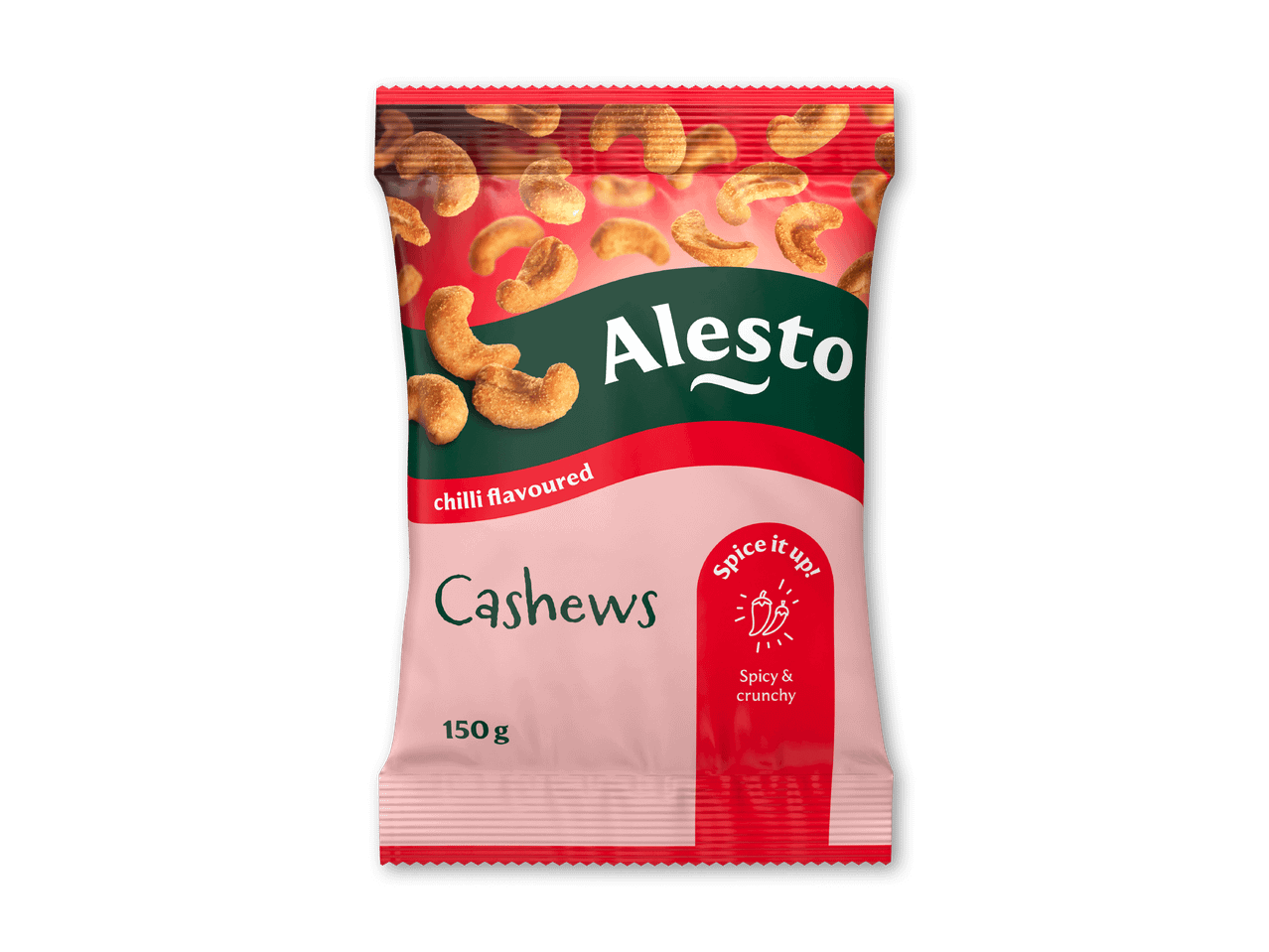 En pose med chili-smagte cashewnødder, der lover at være krydrede og sprøde.