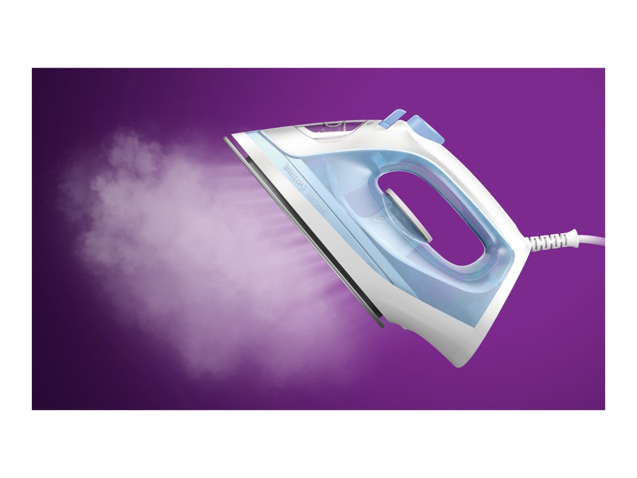 A Philips 1000 Series steam iron emits steam against a purple background.