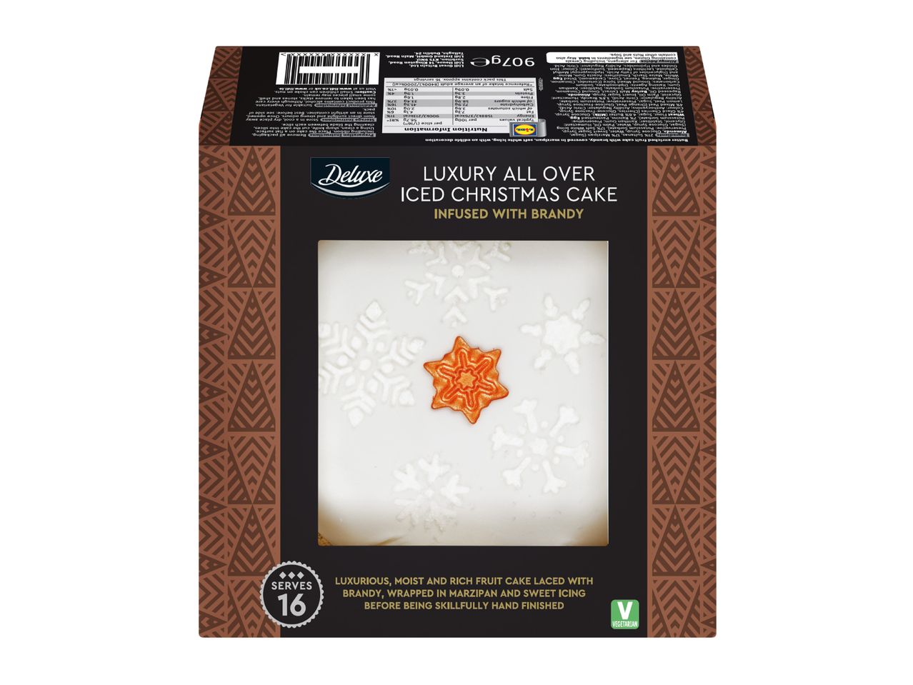 An iced Christmas cake infused with brandy, in a brown patterned box.