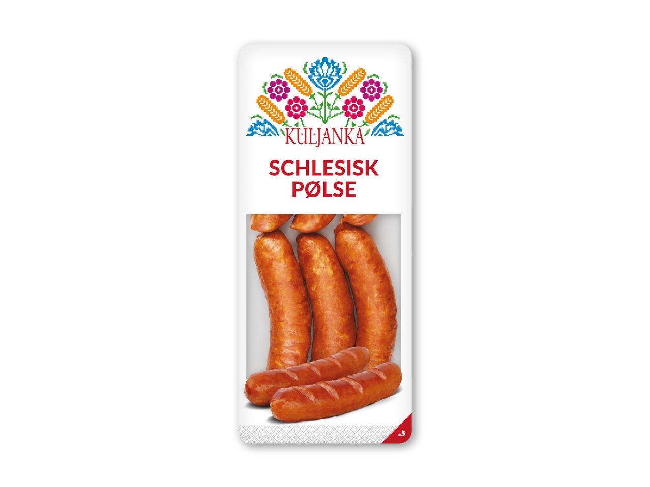 Pølsepakke med Schlesisk pølse og et farverigt, broderet blomstermønster.
